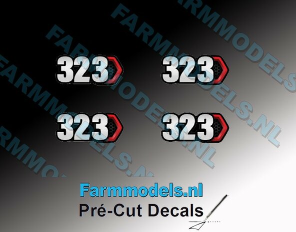 4x NextGEn Caterpillar  323 typenummer  9,5mm breed op transparante stickerfolie Pr&eacute;-Cut Decals 1:32 Farmmodels.nl 