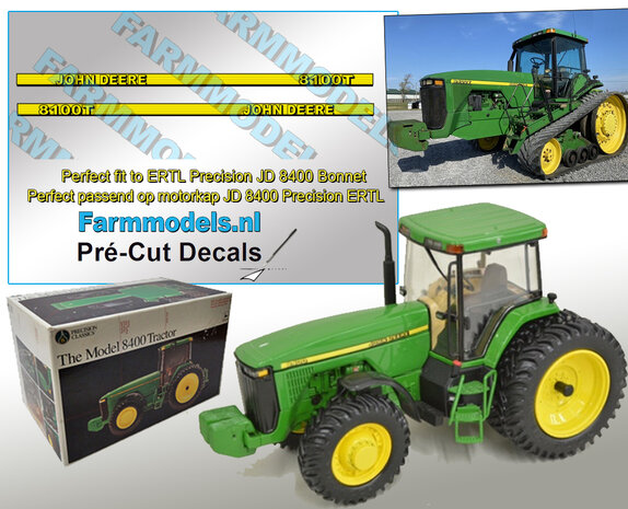 John Deere 8100T type stickers geschikt voor ERTL Precision JD 8400 Pr&eacute;-Cut Decals 1:32 Farmmodels.nl 