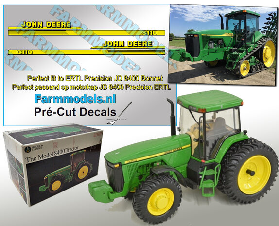 John Deere 8110T type stickers geschikt voor ERTL Precision JD 8400 Pr&eacute;-Cut Decals 1:32 Farmmodels.nl 