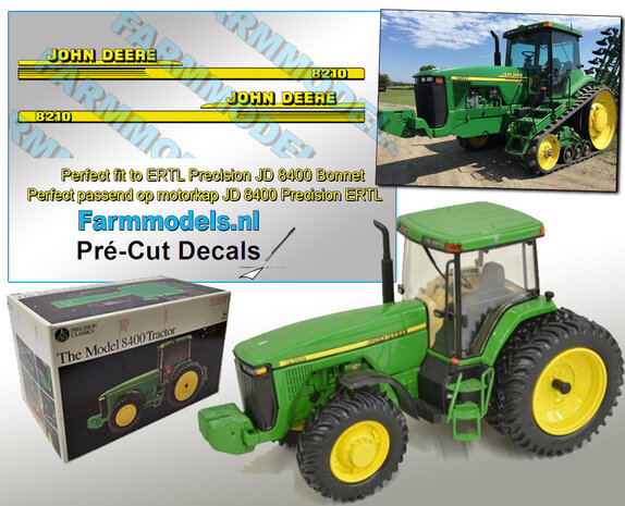 John Deere 8210T type stickers geschikt voor ERTL Precision JD 8400 Pr&eacute;-Cut Decals 1:32 Farmmodels.nl 