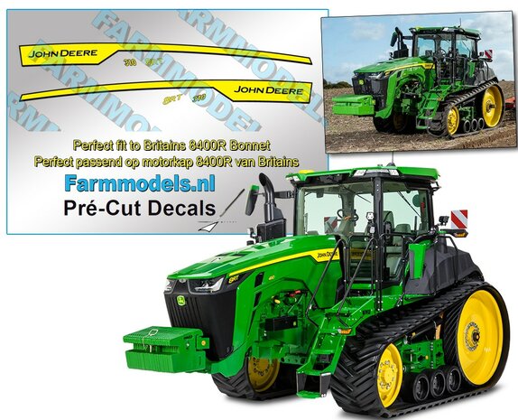 John Deere 8RT 310 type stickers geschikt voor de Britains JD 8400R  Pr&eacute;-Cut Decals 1:32 Farmmodels.nl 