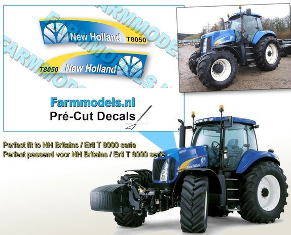 New Holland T8050 type stickers geschikt voor Britains / Ertl T 8000 serie  Pr&eacute;-Cut Decals 1:32 Farmmodels.nl 