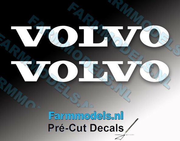 2x Volvo logo stickers 8x59 mm  Pr&eacute;-Cut Decals  wit op transparante folie 1:32 Farmmodels.nl 