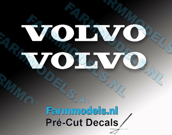 2x Volvo logo stickers 6x44 mm  Pr&eacute;-Cut Decals  wit op transparante folie 1:32 Farmmodels.nl 