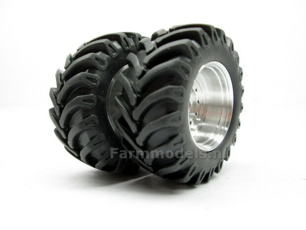&Oslash; 53.9 x 22.8 mm: FENDT 942 WIKING: 2x DUBBELLUCHT Aluminium Vooras velgen MET MF banden geschikt voor de Wiking Fendt 942 (Massieve Aluminium velgen) 1:32  