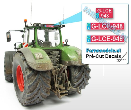 GLCE948  3x BE RODE Kentekenplaatsticker WITTE LETTERS Pr&eacute;-Cut Decals 1:32 Farmmodels.nl