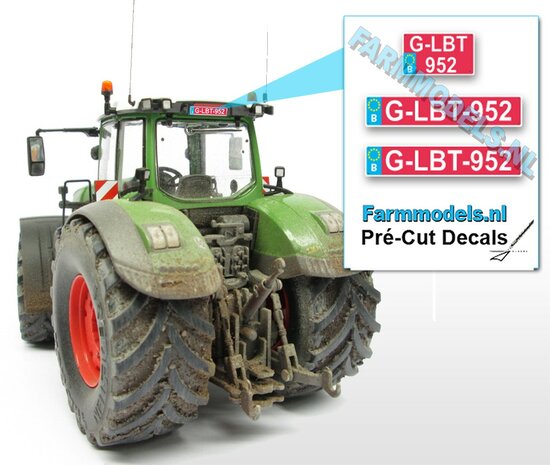 GLCE952  3x BE RODE Kentekenplaatsticker WITTE LETTERS Pr&eacute;-Cut Decals 1:32 Farmmodels.nl