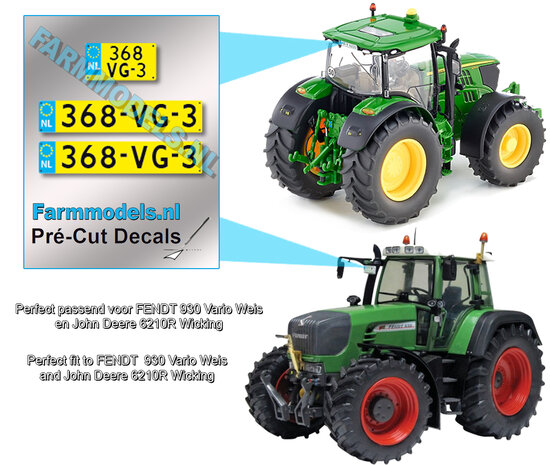 368VG3  3x NL GELE Kentekenplaatsticker ZWARTE LETTERS Pr&eacute;-Cut Decals 1:32 Farmmodels.nl