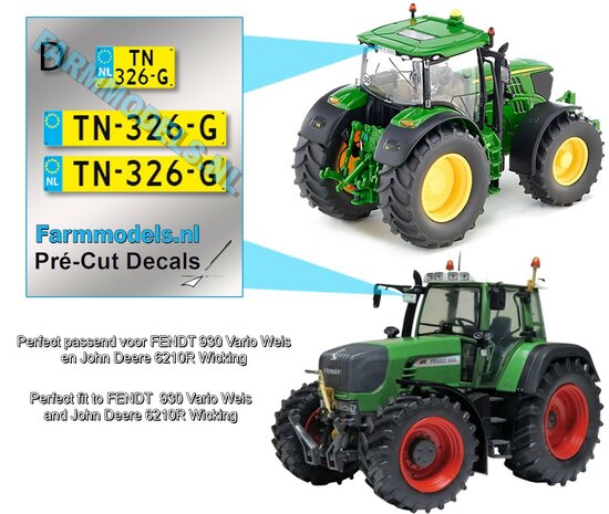 TN326G 3x NL GELE Kentekenplaatsticker ZWARTE LETTERS Pr&eacute;-Cut Decals 1:32 Farmmodels.nl