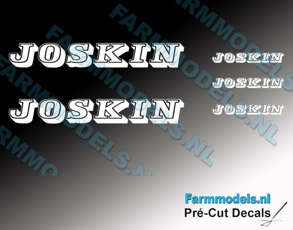 4x JOSKIN LOGO WIT nieuw zonder STREPEN voor Joskin Trans KTP 27/65 TRM van UH, perfect passend over het bestaande JOSKIN logo Pr&eacute;-Cut Decals 1:32 Farmmodels.nl