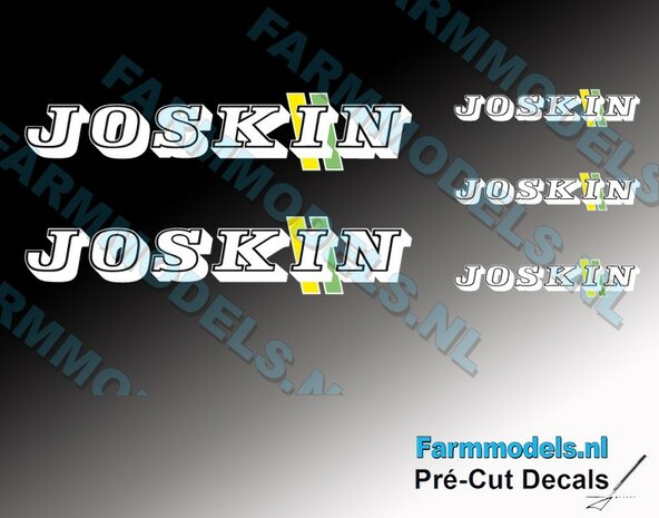4x JOSKIN LOGO WIT nieuw met groen/gele STREPEN voor Joskin Trans KTP 27/65 TRM van UH, perfect passend over het bestaande JOSKIN logo Pr&eacute;-Cut Decals 1:32 Farmmodels.nl