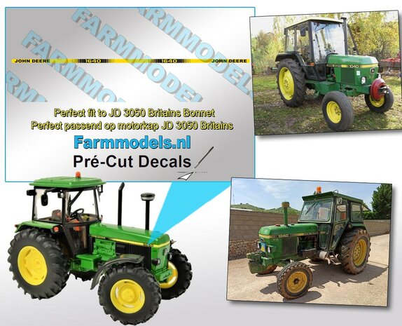 John Deere 1640 type stickers/ Pr&eacute;-Cut Decals voor Britains JD 3050 motorkap 1:32 Farmmodels.nl 