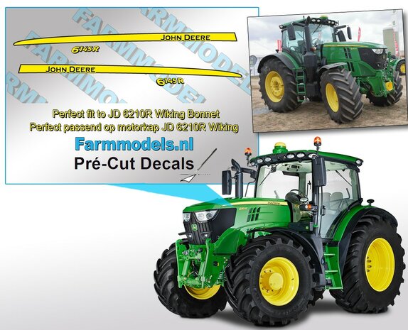 JOHN DEERE 6145 R type stickers/ Pr&eacute;-Cut Decals voor Wiking JD 6210R motorkap 1:32 Farmmodels.nl 