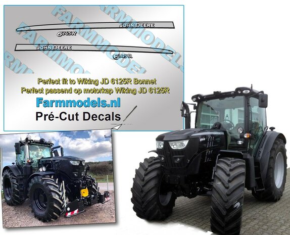 JOHN DEERE 6145 R type BLACK EDITION  stickers/ Pr&eacute;-Cut Decals voor Wiking JD 6210R motorkap 1:32 Farmmodels.nl 