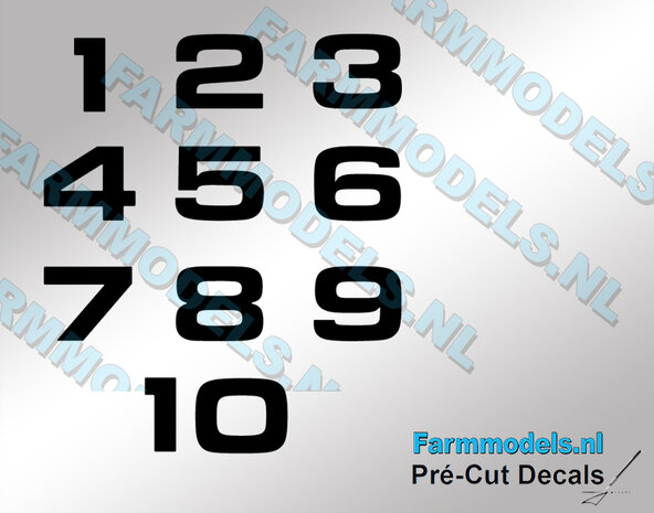 1x-alle-nummers-1-10, 10mm hoog, uit ZWARTE folie-Pr&eacute;-Cut-Decals-1:32-Farmmodels.nl-