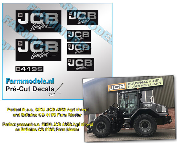 JCB LIMITED EDITION logo set ZWART/ZILVER stickers op Transparante folie Pr&eacute;-Cut Decals 1:32 Farmmodels.nl