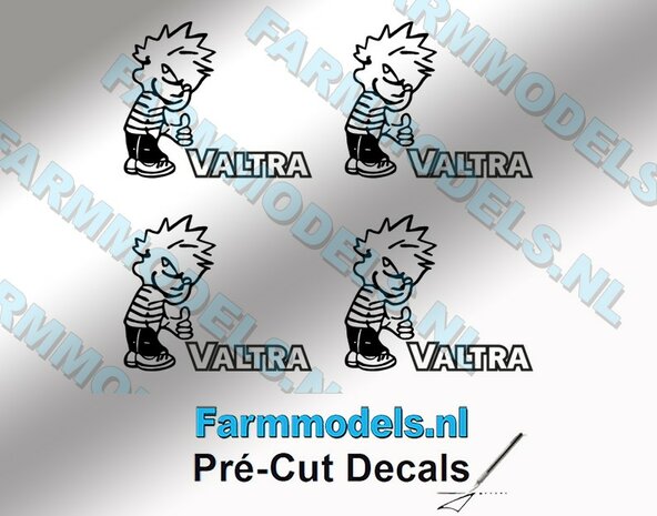 4x Ok&eacute; Calvin 20mm hoog V2 ZWART + Logo VALTRA ZWART stickers op Transparant Pr&eacute;-Cut Decals 1:32 Farmmodels.nl 