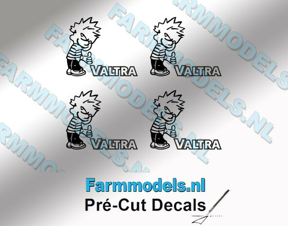 4x Ok&eacute; Calvin 15mm hoog V2 ZWART + Logo VALTRA ZWART stickers op Transparant Pr&eacute;-Cut Decals 1:32 Farmmodels.nl 