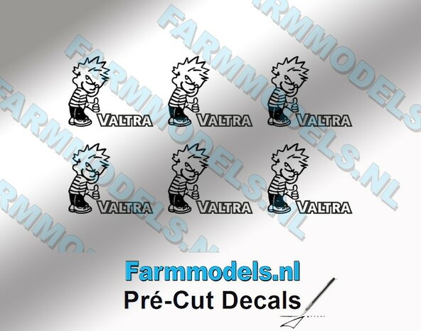 6x Ok&eacute; Calvin 10mm hoog V2 ZWART + Logo VALTRA ZWART stickers op Transparant Pr&eacute;-Cut Decals 1:32 Farmmodels.nl 