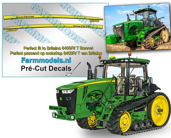 John Deere 8335RT type stickers, Geschikt voor BRITAINS 8400R serie + T van TRAX,  Pr&eacute;-Cut Decals 1:32 Farmmodels.nl 