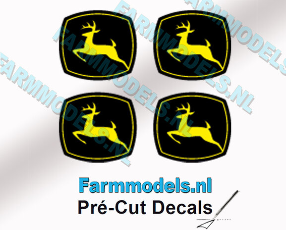 4x John Deere LOGO GEEL/ ZWART - 6,2mm hoog stickers met OMHOOG springend &quot;Hertje&quot; NEW Pr&eacute;-Cut Decals 1:32 Farmmodels.nl 