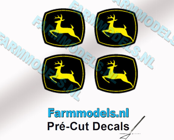 4x John Deere LOGO GEEL/ ZWART - 4,5 mm hoog stickers met OMHOOG springend &quot;Hertje&quot; NEW Pr&eacute;-Cut Decals 1:32 Farmmodels.nl 