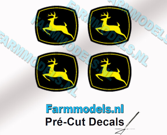 4x John Deere LOGO GEEL/ ZWART - 5,7 mm hoog stickers met OMHOOG springend &quot;Hertje&quot; NEW Pr&eacute;-Cut Decals 1:32 Farmmodels.nl 