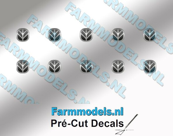10x NEW HOLLAND EMBLEEM ZWART/ Zilvergrijs 3x3mm  Pr&eacute;-Cut Decals 1:32 Farmmodels.nl 