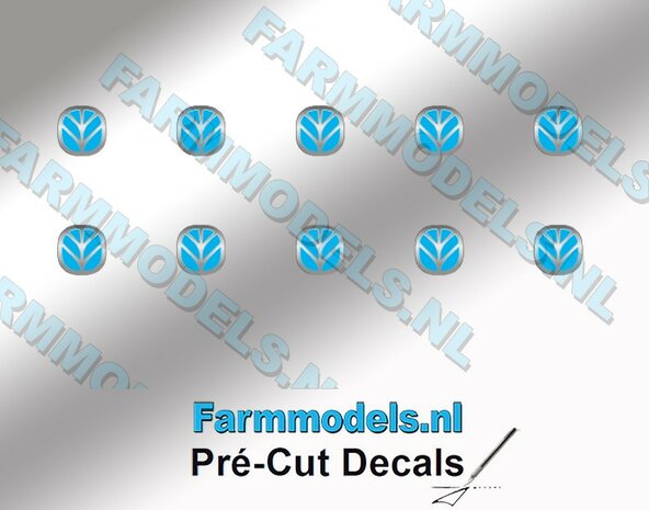 10x NEW HOLLAND EMBLEEM BLAUW/ Zilvergrijs 3x3mm  Pr&eacute;-Cut Decals 1:32 Farmmodels.nl 