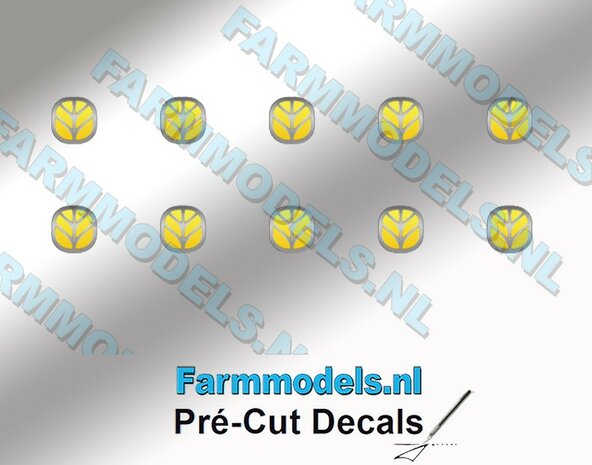 10x NEW HOLLAND EMBLEEM GEEL/ Zilvergrijs 3x3mm  Pr&eacute;-Cut Decals 1:32 Farmmodels.nl 