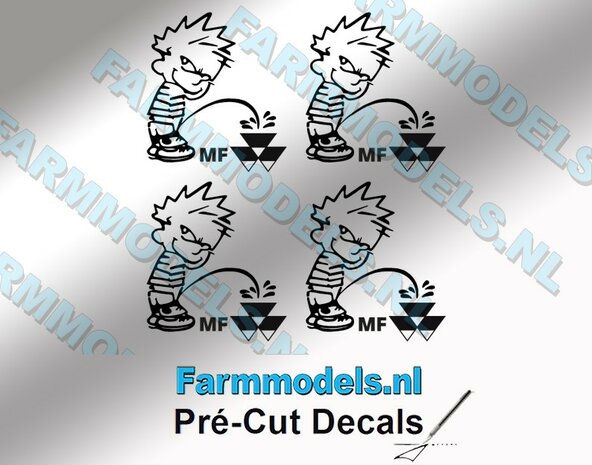 4x Piss Calvin 20mm hoog V1 ZWART + MF Logo ZWART stickers op Transparant Pr&eacute;-Cut Decals 1:32 Farmmodels.nl 