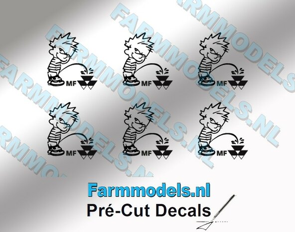 6x Piss Calvin 10mm hoog V1 ZWART + MF Logo ZWART stickers op Transparant Pr&eacute;-Cut Decals 1:32 Farmmodels.nl 