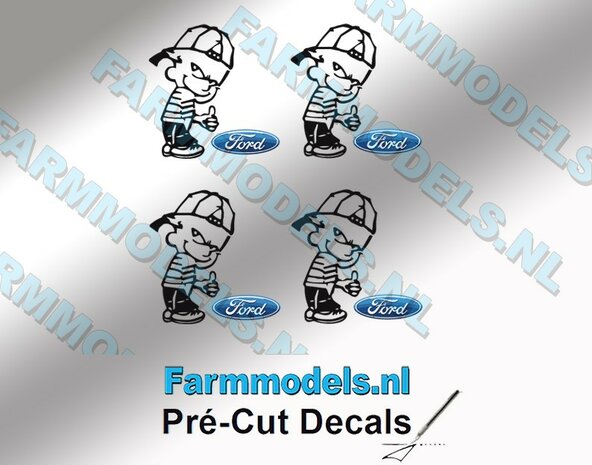 4x Oke Calvin 15mm hoog V1 ZWART + FORD Logo KLEUR stickers op Transparant Pr&eacute;-Cut Decals 1:32 Farmmodels.nl 