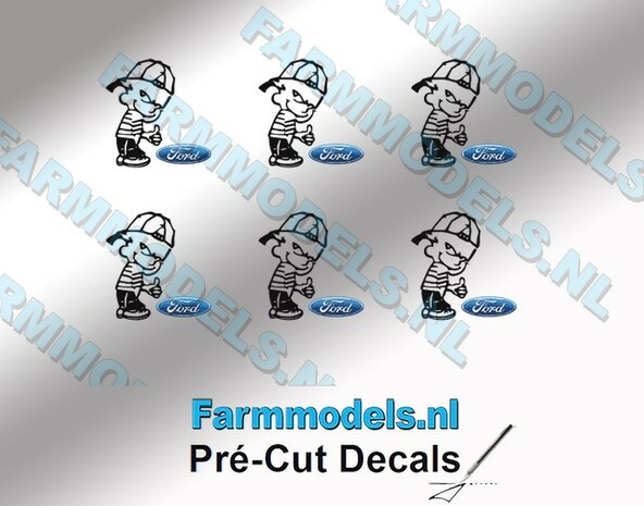 6x Oke Calvin 10mm hoog V1 ZWART + FORD Logo KLEUR stickers op Transparant Pr&eacute;-Cut Decals 1:32 Farmmodels.nl 