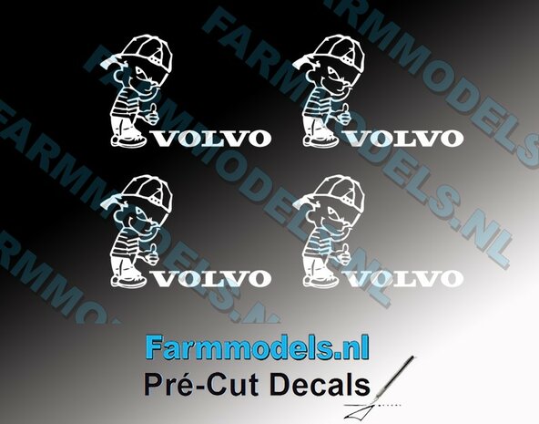 4x Oke Calvin 20mm hoog V1 WIT + VOLVO Logo WIT stickers op Transparant Pr&eacute;-Cut Decals 1:32 Farmmodels.nl 