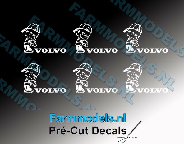 6x Oke Calvin 10mm hoog V1 WIT + VOLVO Logo WIT stickers op Transparant Pr&eacute;-Cut Decals 1:32 Farmmodels.nl 