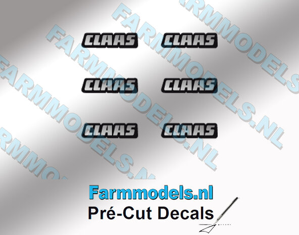 6x CLAAS LOGO TBV GRILL  7,5 x 2mm ZWART/ZILVER Pr&eacute;-Cut Decals 1:32 Farmmodels.nl 