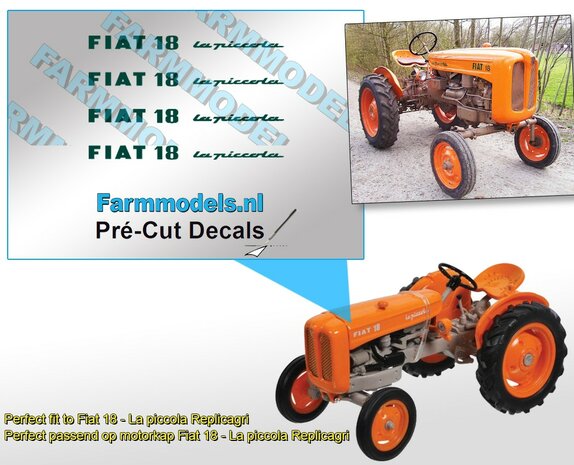 4x Fiat 18 - La piccola - fruitteelt tractor logo stickers GROEN  Replicagri  8,9 x 1,5mm   Pr&eacute;-Cut Decals, op transparante folie  1:32 Farmmodels.nl 