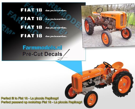 4x Fiat 18 - La piccola - fruitteelt tractor logo stickers WIT Replicagri  8,9 x 1,5mm   Pr&eacute;-Cut Decals, op transparante folie  1:32 Farmmodels.nl 