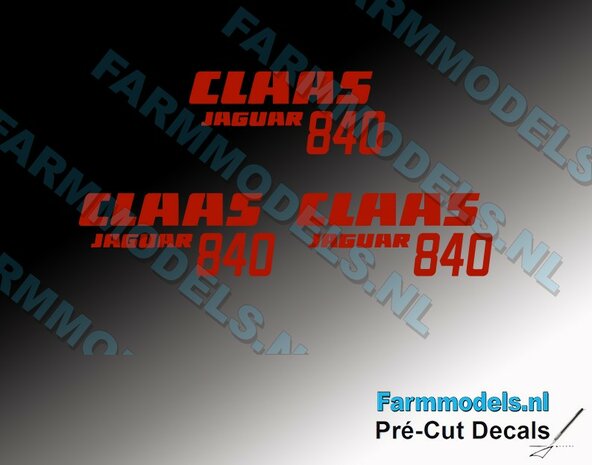 PCD-CL-908223  3x Claas 840 Jaguar voor Claas Norscot 880, ROOD stickers op transparante rfolie Pr&eacute;-Cut Decals 1:32 Farmmodels.nl