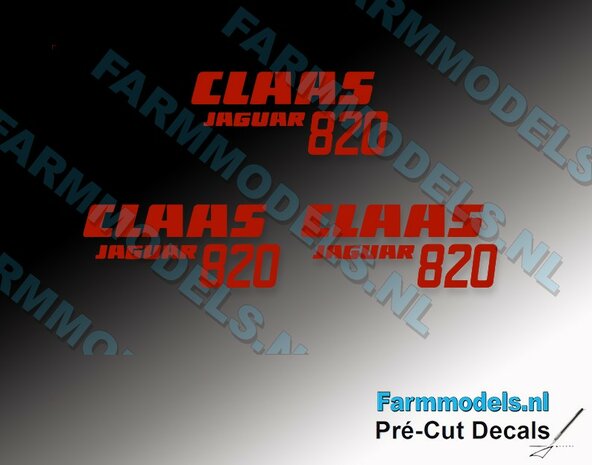 PCD-CL-908220  3x Claas 820 Jaguar voor Claas Norscot 880, ROOD stickers op transparante rfolie Pr&eacute;-Cut Decals 1:32 Farmmodels.nl