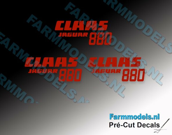 PCD-CL-908230  3x Claas 880 Jaguar voor Claas Norscot 880, ROOD stickers op transparante rfolie Pr&eacute;-Cut Decals 1:32 Farmmodels.nl