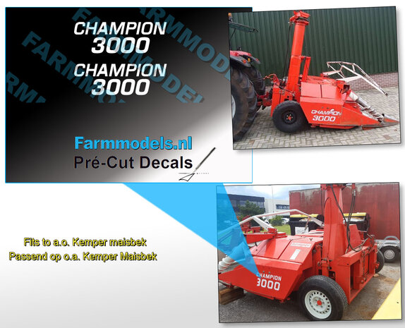 2x CHAMPION 3000 wit op transparante folie 13x6mm  Pr&eacute;-Cut Decals 1:32 Farmmodels.nl