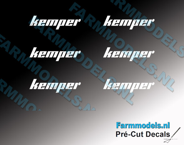 6x kemper logo WITTE letters transparante folie rechthoekig 4,8x18 mm  Pr&eacute;-Cut Decals 1:32 Farmmodels.nl