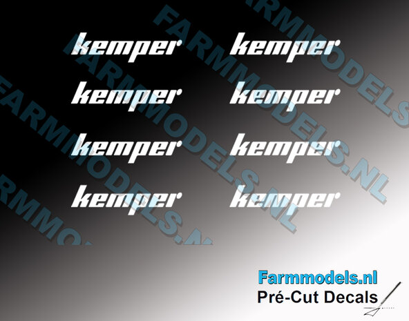 8x kemper logo WITTE letters transparante folie rechthoekig 4x15 mm   Pr&eacute;-Cut Decals 1:32 Farmmodels.nl