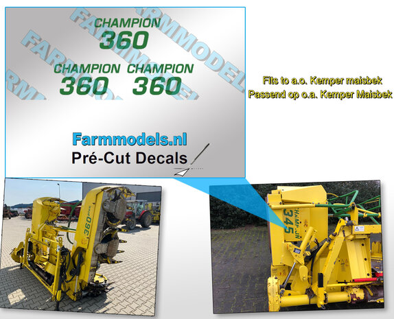 3x Kemper sticker type CHAMPION 360 John Deere GROEN op transparante folie 13x6mm  Pr&eacute;-Cut Decals 1:32 Farmmodels.nl