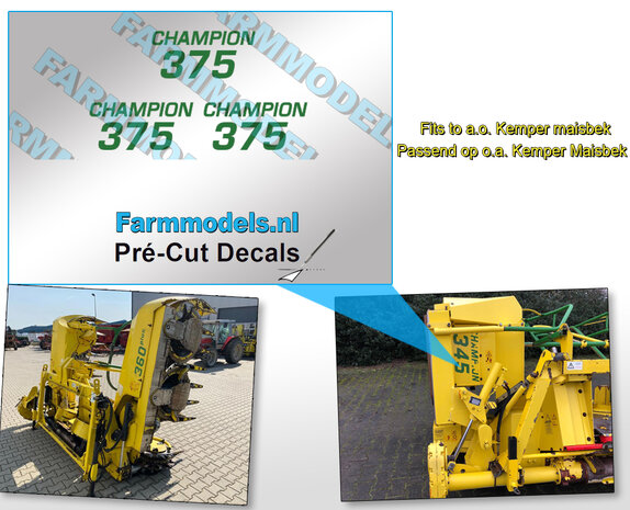3x Kemper sticker type CHAMPION 375 John Deere GROEN op transparante folie 13x6mm  Pr&eacute;-Cut Decals 1:32 Farmmodels.nl