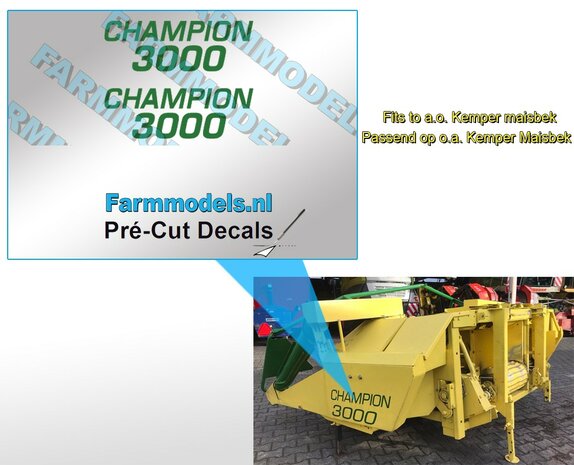 2x Kemper sticker type CHAMPION 3000 John Deere GROEN op transparant folie 13x6mm  Pr&eacute;-Cut Decals 1:32 Farmmodels.nl