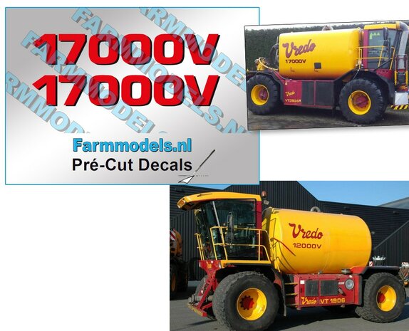 2x Vredo type stickers 17000V ROOD/ zwarte schaduw op Transparant 61mm breed Pr&eacute;-Cut Decals 1:32 Farmmodels.nl 