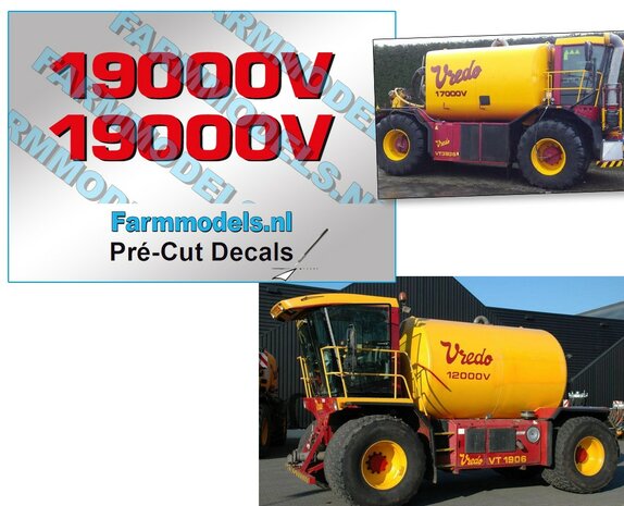 2x Vredo type stickers 19000V ROOD/ zwarte schaduw op Transparant 61mm breed Pr&eacute;-Cut Decals 1:32 Farmmodels.nl 